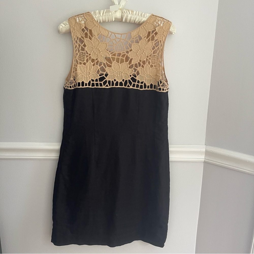 LOFT black linen sheath dress with lace top, cotton lining, women’s size 2P